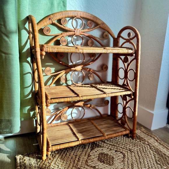 The Unbranded Brand Other - Vintage Rattan Folding Shelf Wall Rack Boho Wicker 3 Tier 22"